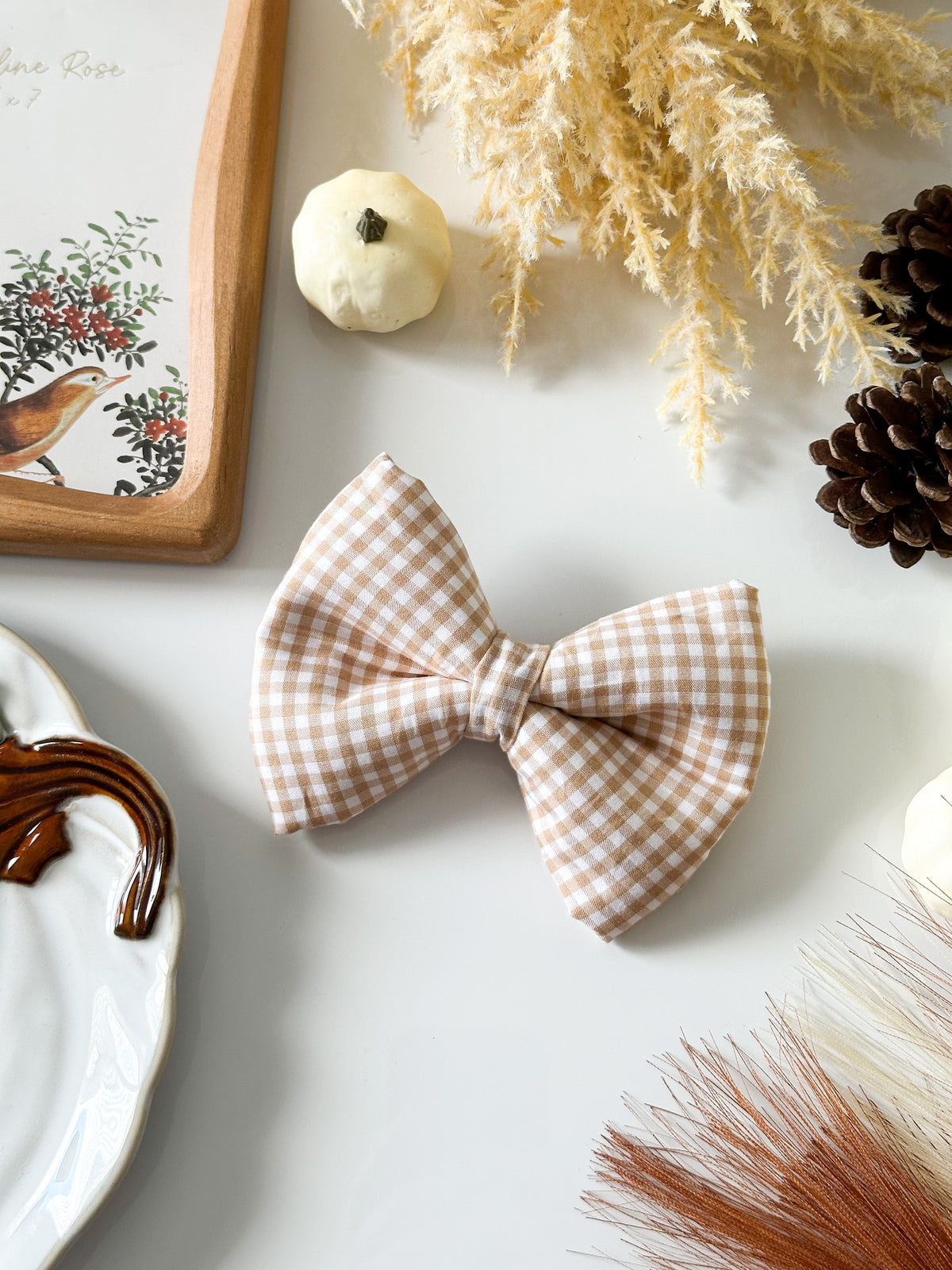 neutral gingham classic dog bow