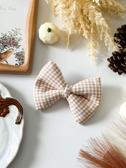 neutral gingham classic dog bow