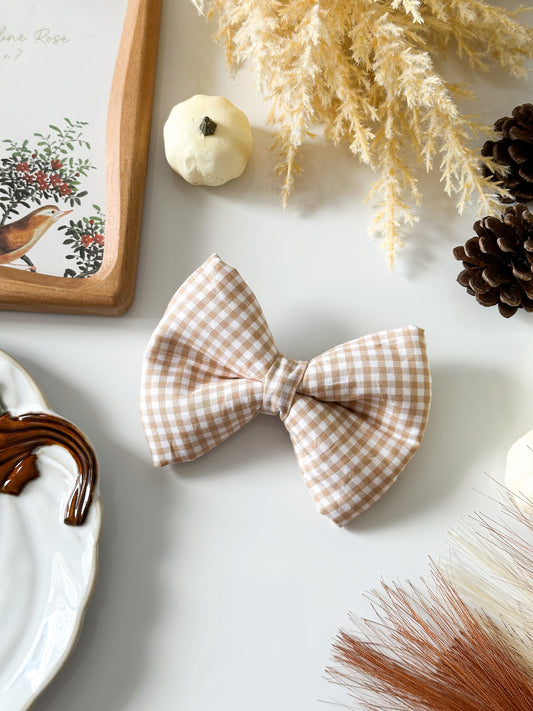 neutral gingham classic dog bow