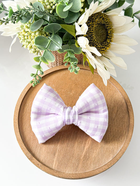 ditsy purple gingham classic dog bow.