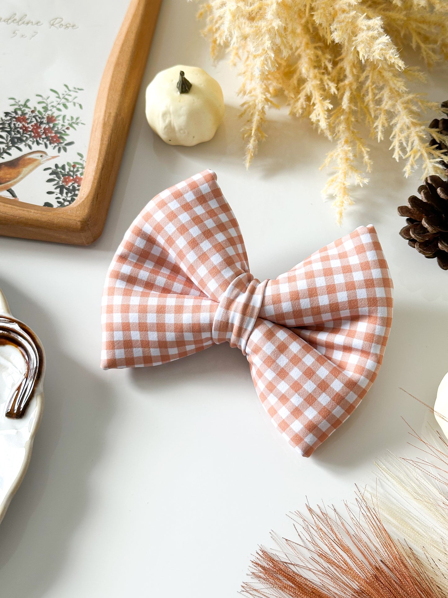 orange gingham classic dog bow