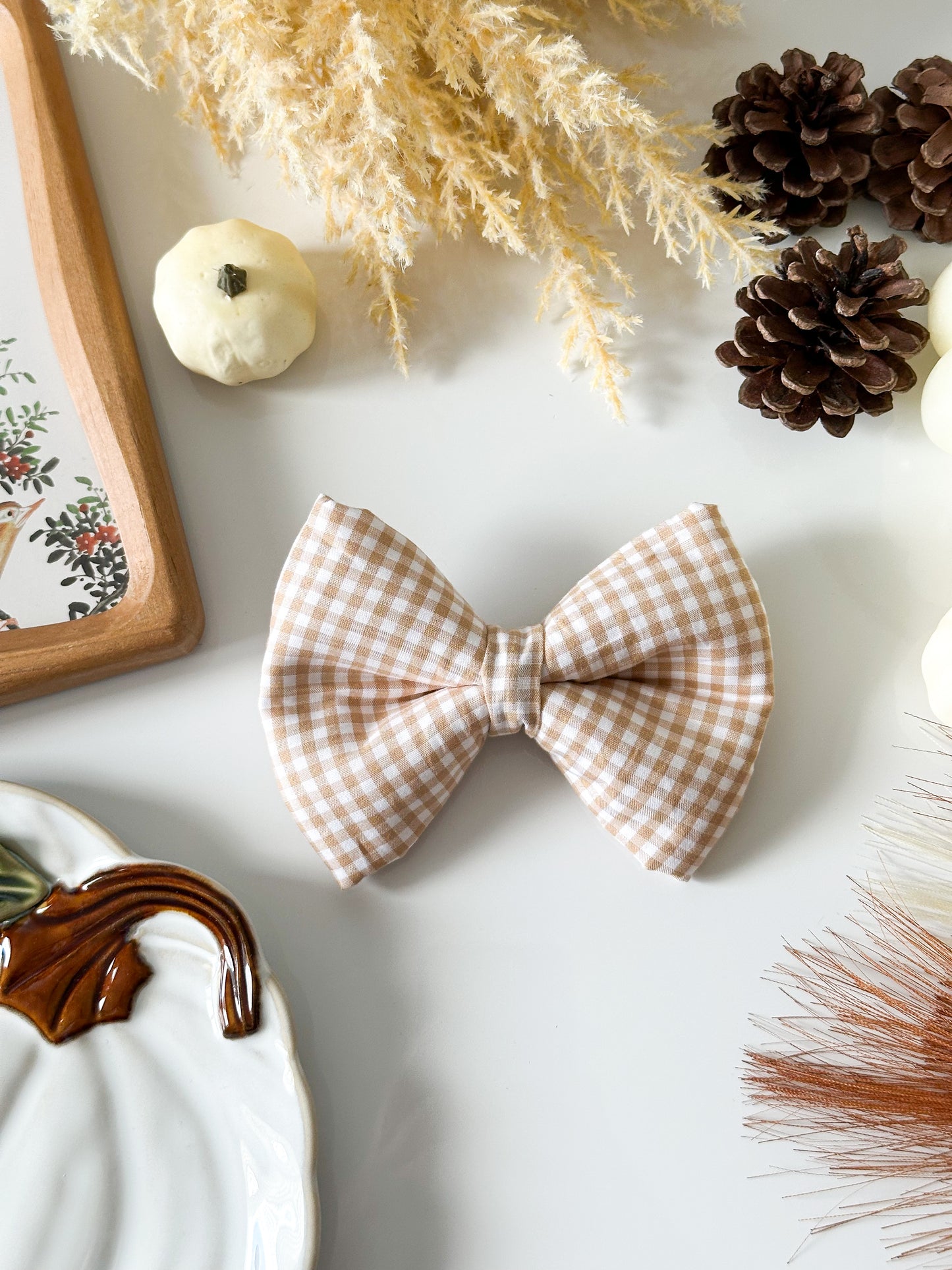 neutral gingham classic dog bow